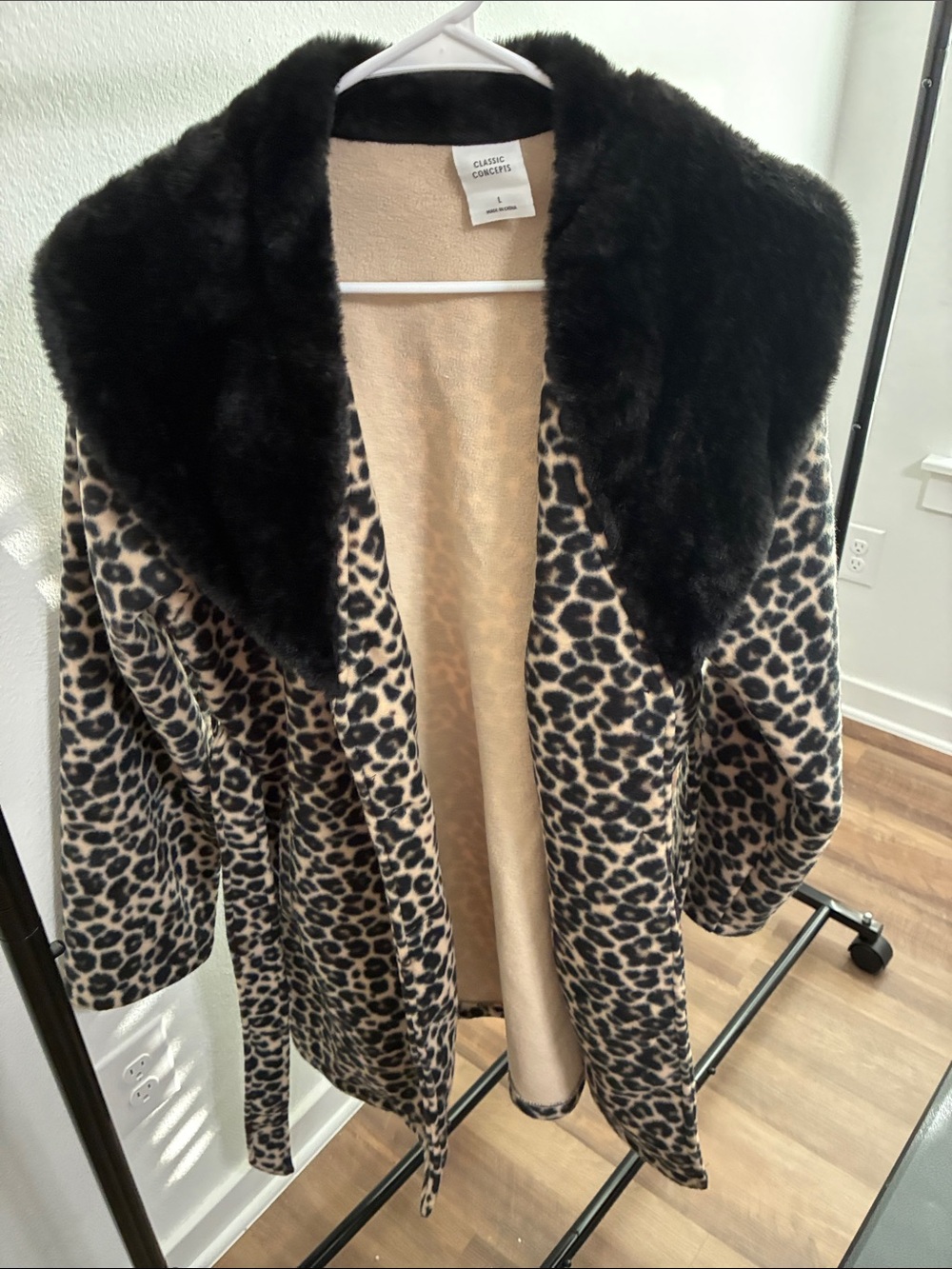 Classic Concepts Leopard Faux Fur Pea Coat with Black Shawl Collar